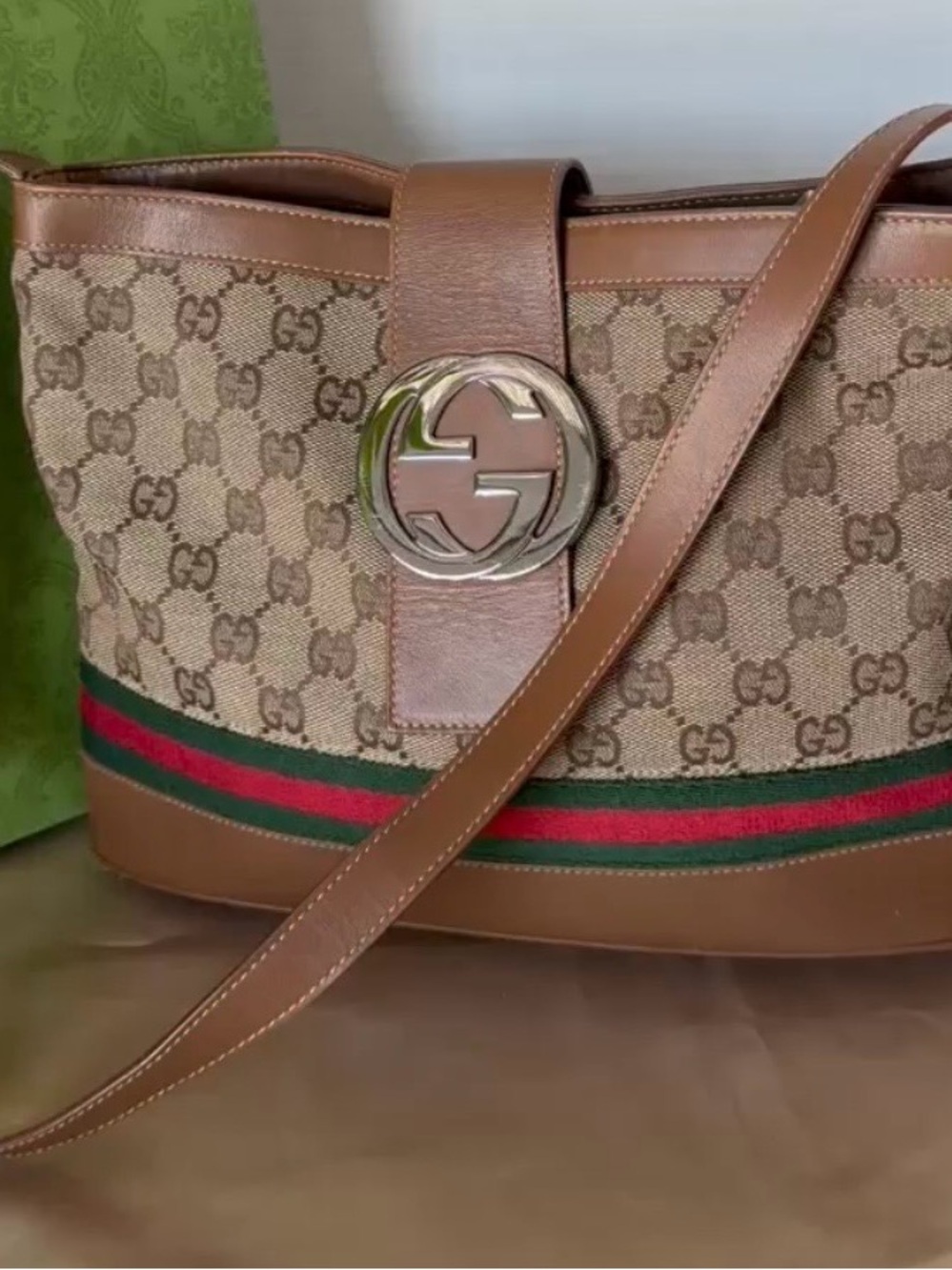 Gucci Brown GG Canvas Shoulder Bag with Green and Red Web Stripe